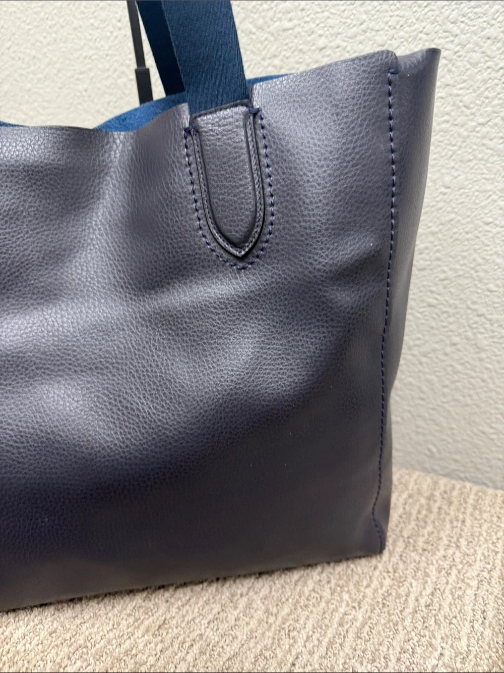 Coach Dark Navy Large Leather Derby Tote with Blue Webbed Handles- NWOT